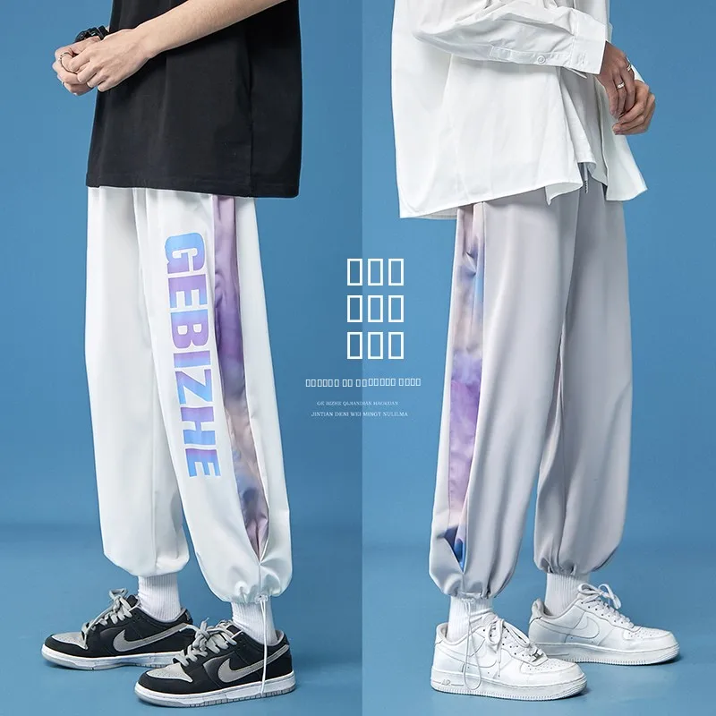 

Повседневные спортивные брюки из ледяного шелка, мужские летние тонкие свободные брюки с широкими штанинами, модные универсальные длинные брюки в Корейском стиле