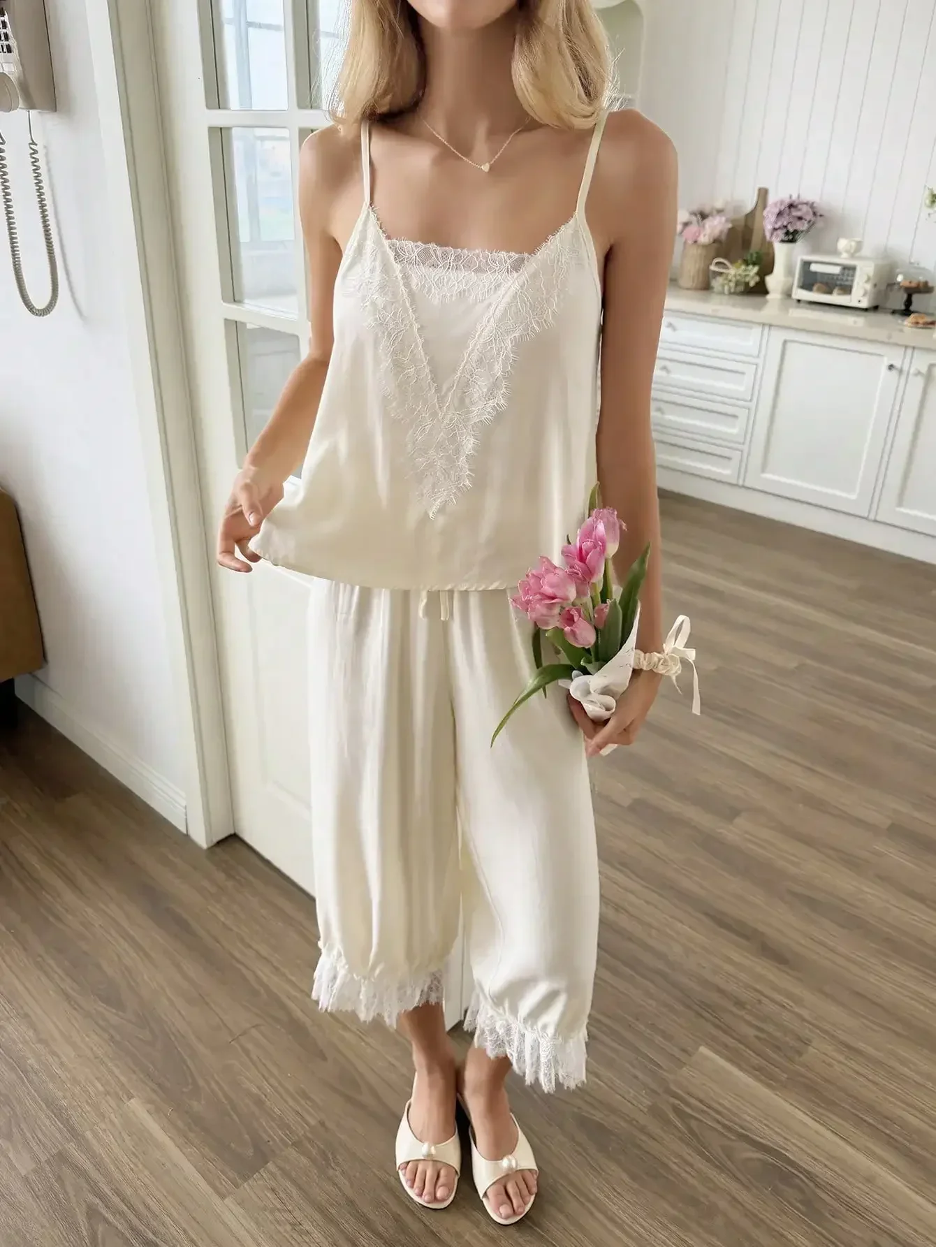 Snug Reverie Women's Lace Patchwork Camisole Top And 3/4 Pants Sleepwear Set With Double Lace Hem Design