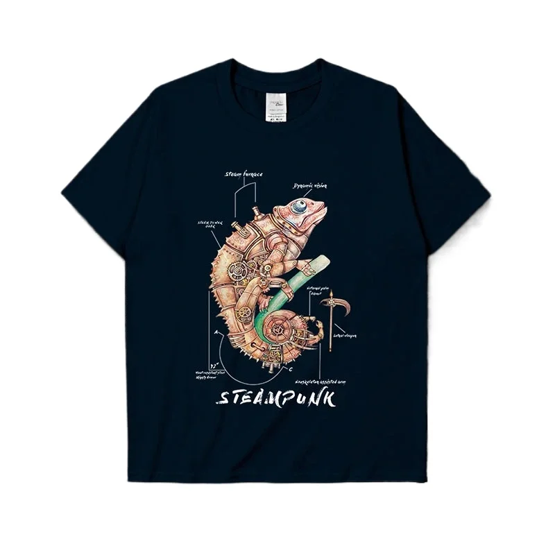 Steampunk Chameleon Transformation Illustration T-Shirt 100% Cotton O-Neck Summer Short Sleeve Casual Mens T-shirt Size S-3XL