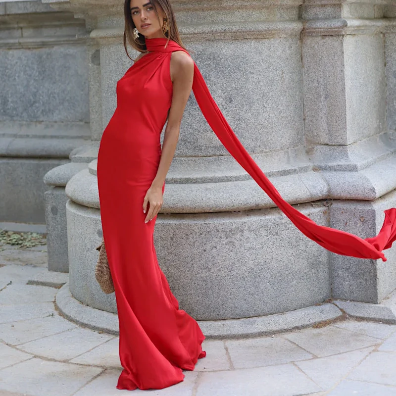 HXAO レッド レディースドレス オフショルダー ホルターネック パーティードレス 2025 女性用 夏 サテン エレガントドレス バックレス セクシー マキシドレス