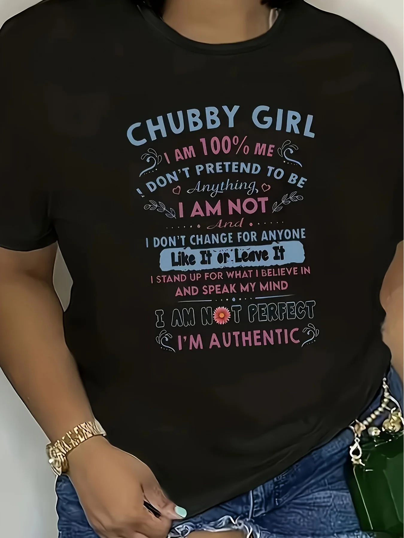 تي شيرت نسائي مطبوع عليه شعار السمين - قميص كاجوال 100% بأكمام قصيرة ورقبة دائرية مع رسالة تحفيزية، أسود ووردي/أزرق #1