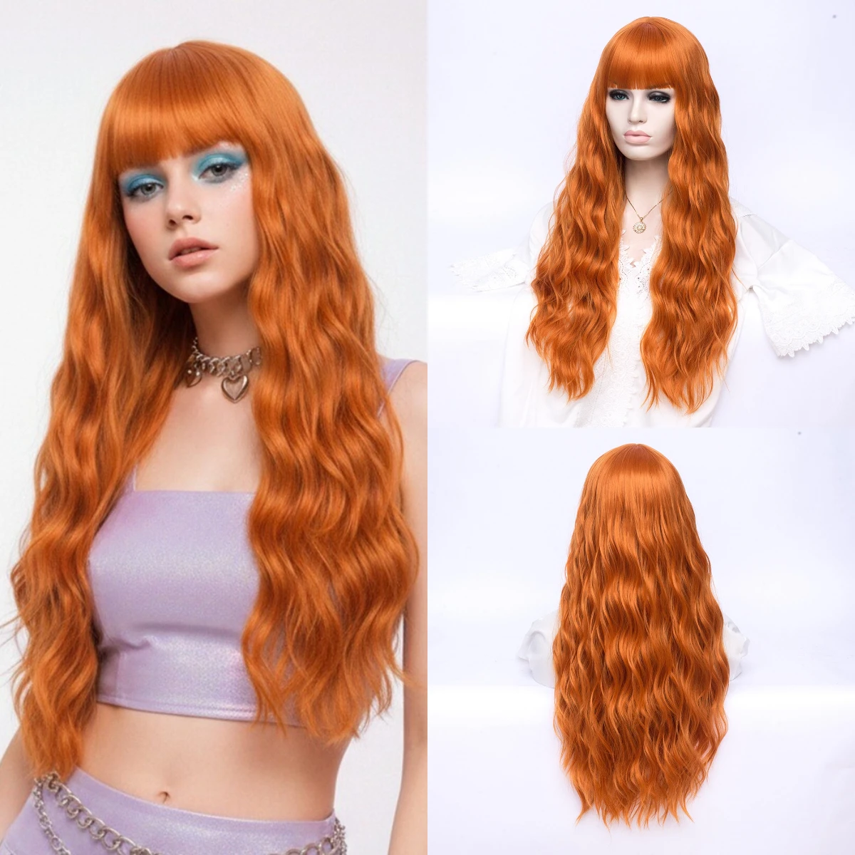 

Synthetic Long Wavy Curly Orange Wigs With Bangs For Women Cosplay Daily Party Heat Resistant