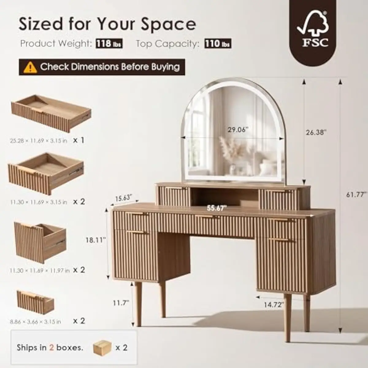 55.67 inch wide fluted modern vanity desk with arched LED mirror, engineered wood construction, 7 storage drawers, adjustable wa