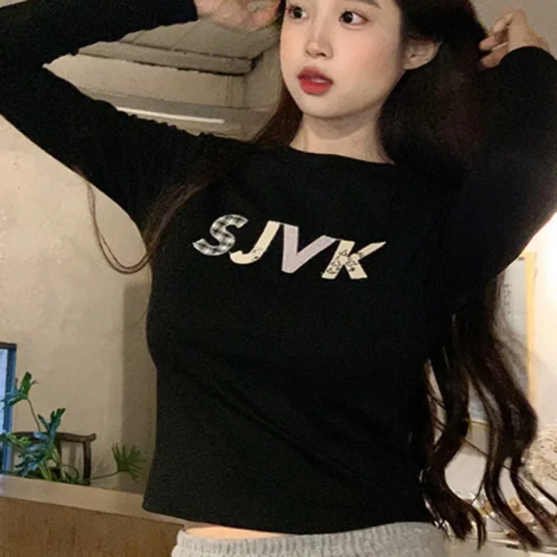 용수철 여성용 긴팔 레터 티셔츠, 올 매치 하이 스트리트 패션, 대학생 소녀 슬림 O-넥, 니치 캐주얼 영, 가을