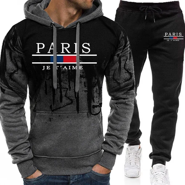 

Fashion Men's Hoodie Sportwear 2pcs Set Hooded Sweatshirts and Black Sweatpants Male Home Outdoor Casual Sports Jogging Suits