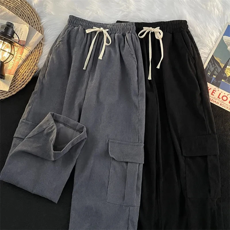 

Y2K Corduroy Women Pants Autumn High Waist Streetwear Loose Pocket Wide Leg Pants Bf Harajuku Solid Drawstring Straight Trousers