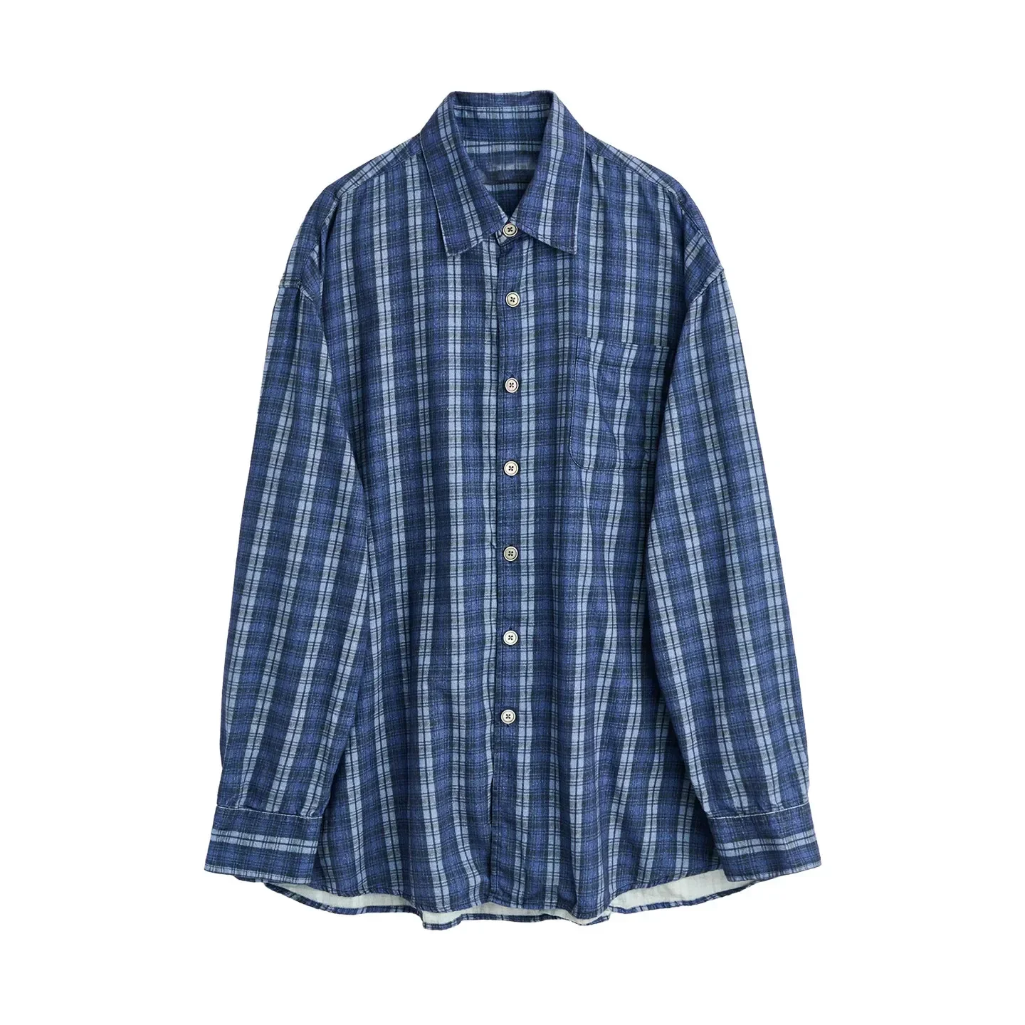 OL style blue plaid casual loose 3D digital printing hem curved long-sleeved shirt