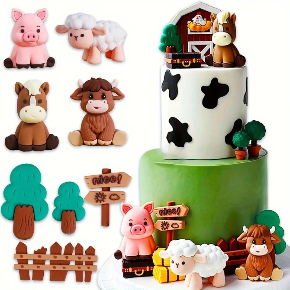 8-teiliges Highland-Kuh-Farm-Kuchendekorations-Set, 3D Dreidimensionale Highland-Farmtier-Serie, Geeignet für Geburtstagsfeiern und Versammlungen