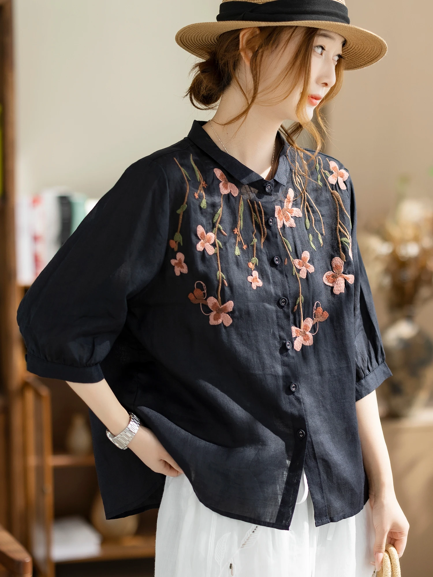 

Kamiyu 100% Flax Summer Vintage Embroidered Loose Fit Shirt Women's Seven Quarter Sleeve Turn-down Collar Open Cardigan Artis...