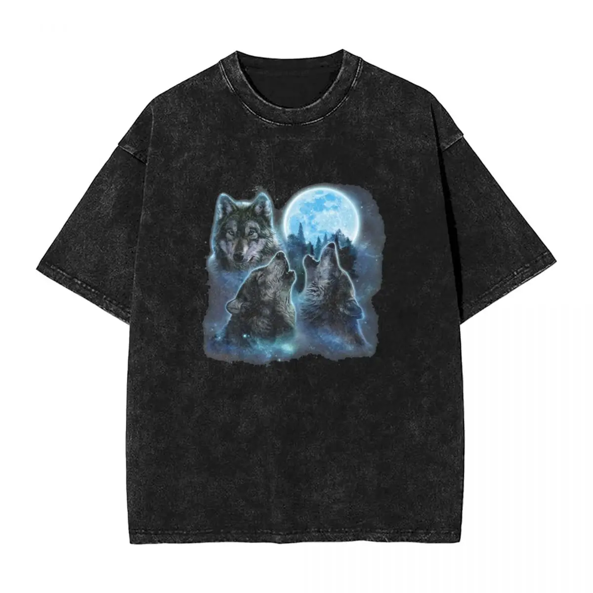 

Three Wolves Howling Washed T-Shirt Men Under Icy Full Moon Vintage Casual T Shirts Summer Crewneck Harajuku Tees Print Clothing