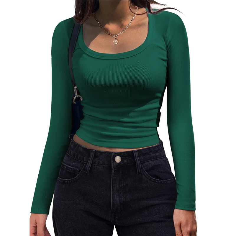 ABUM-Kemeja Wanita Lengan Panjang Kerah Bulat Kasual Slim Fit Atasan Rajut Rib Musim Panas Gugur Kaos Kerja Bisnis Dasar