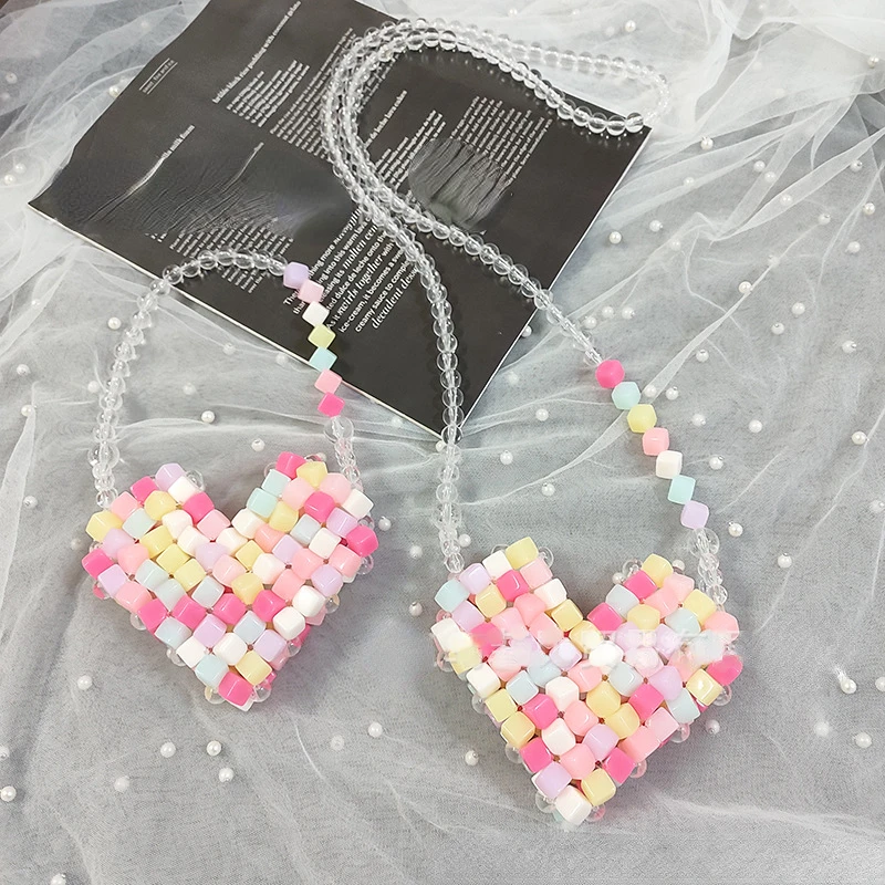 Sacs à bandoulière princesse pour filles, portefeuille en MSI tissée perlée bricolage, mini sacs à main Kawaii pour bébé, poudres à monnaie, fourre-tout mignon