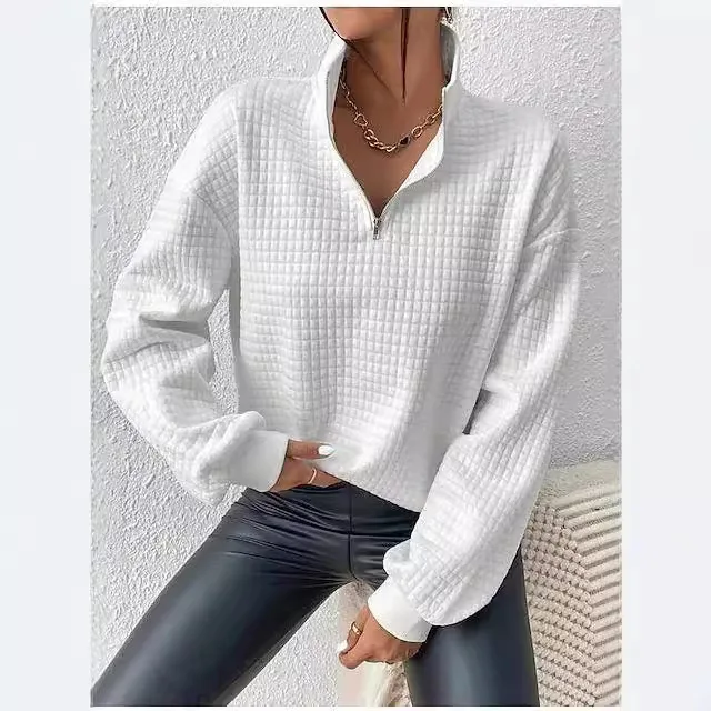 

Aurumn Winter Solid Stand Up Collar Zipper Long Sleeved White Hoodie For Women V Neck Casual Streetwear Pullover Hoody Fall Tops