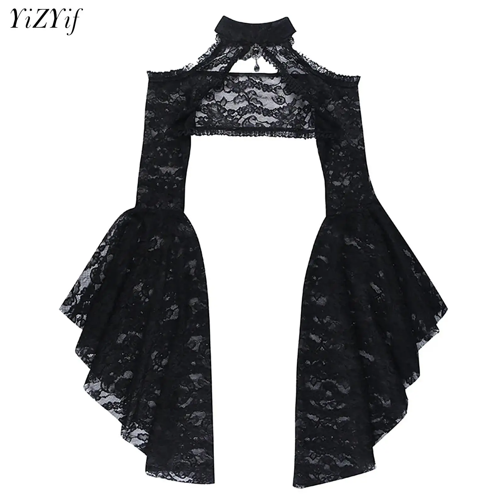 Punk Bolero Shrug Top Trad Goth Black Shawls Flared Sleeve Cover Wraps for Evening Dresses Short Cardigan See-Through Lace Shrug