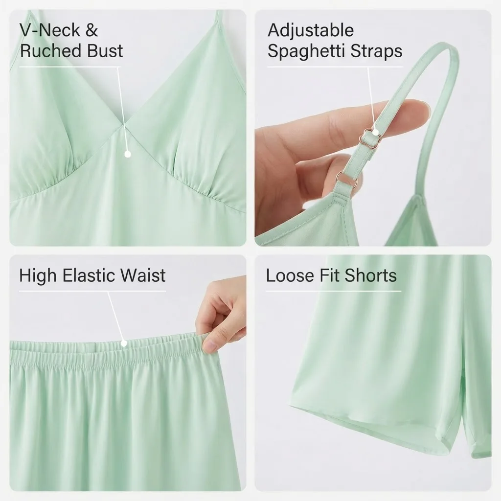 Women's Light Green Camisole and Shorts Pajama Set with Built-In Pads Comfortable Soft Breathable Cute Loungewear Two Piece Comf