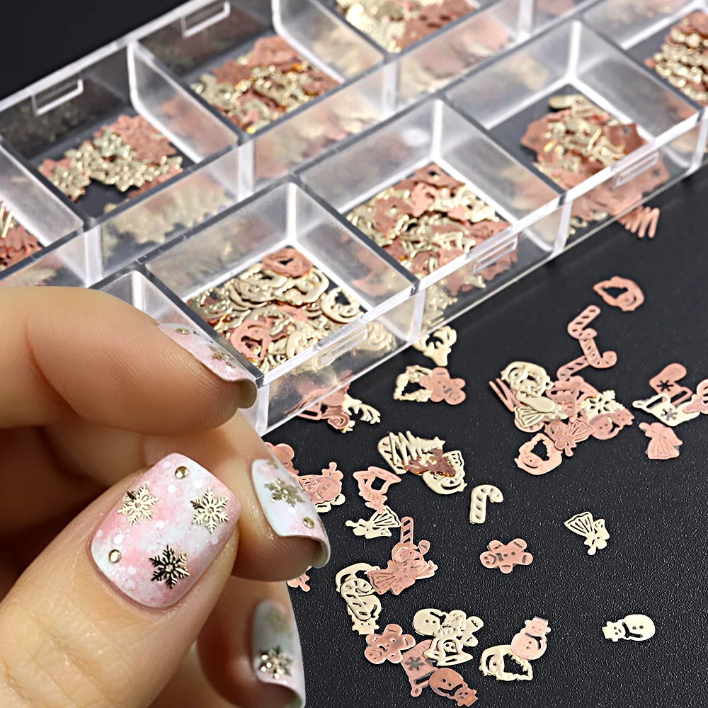 Mixed Christmas Theme Nail Charms, Gold Rose Gold Xmas Snowman Reindeer Snowflake Metal Slices DIY Manicure Accessories