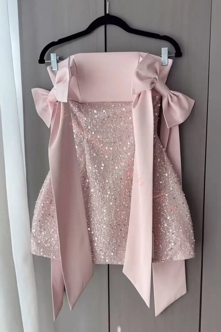 Customized Pink Mini A-line Prom Dresses Satin Off The Shoulder Party Gowns Handmade Bow Strapless Vestidos De Festa
