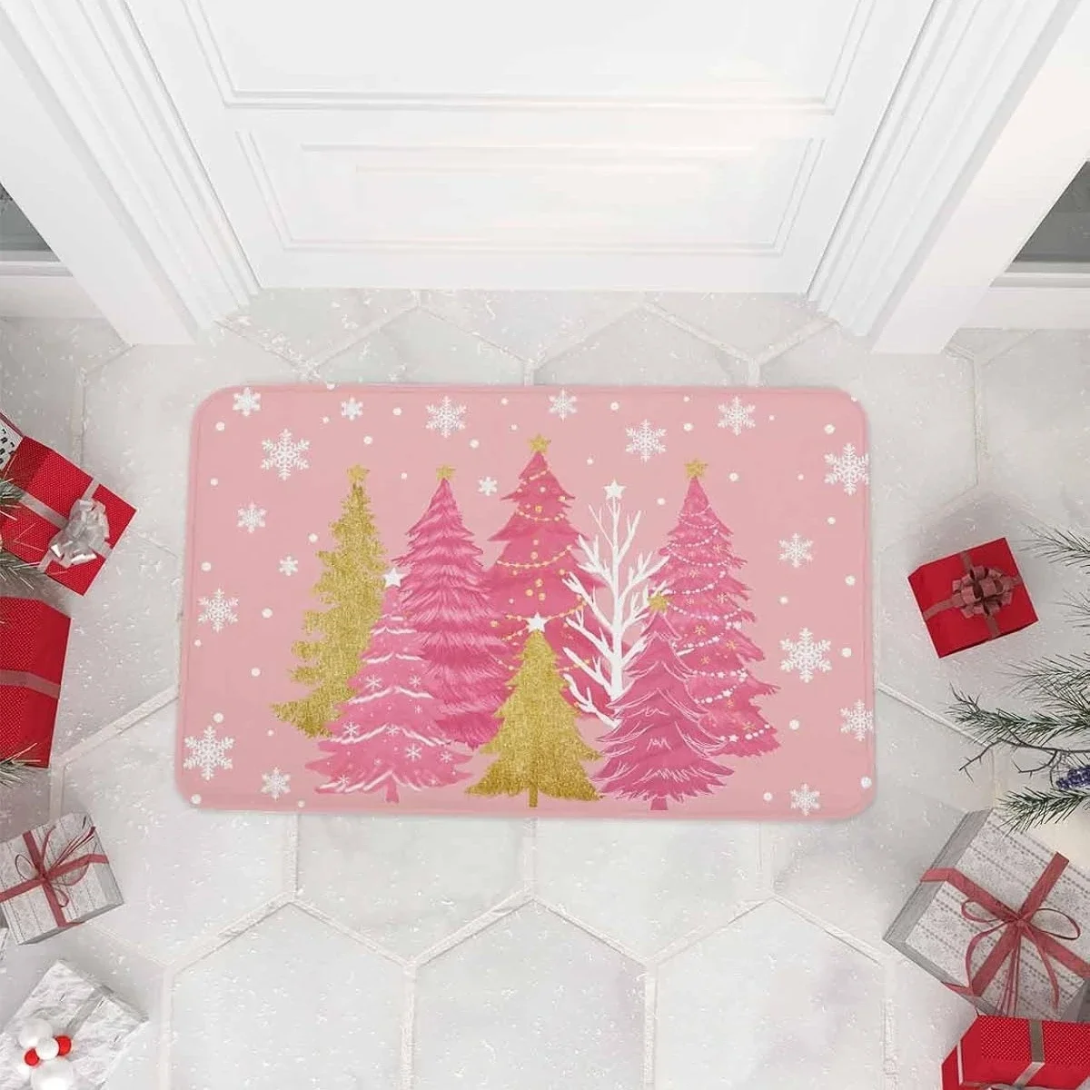 Pink Christmas Tree Door Mat Winter Snowflake Kitchen Balcony Hallway Non-slip Rug Bedroom Bedside Foot Mat Christmas Decoration