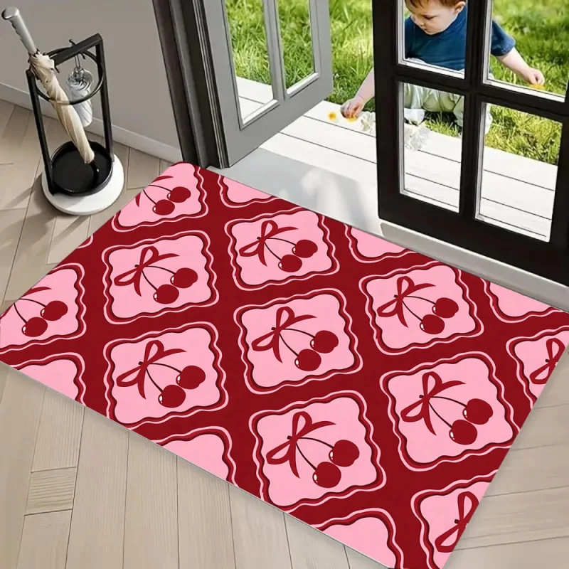 Girly Bow Print Area Rug Carpet, Non Slip Floor Mat, Pastel Pink Ribbon Design Washable Doormat Romantic Home Decor