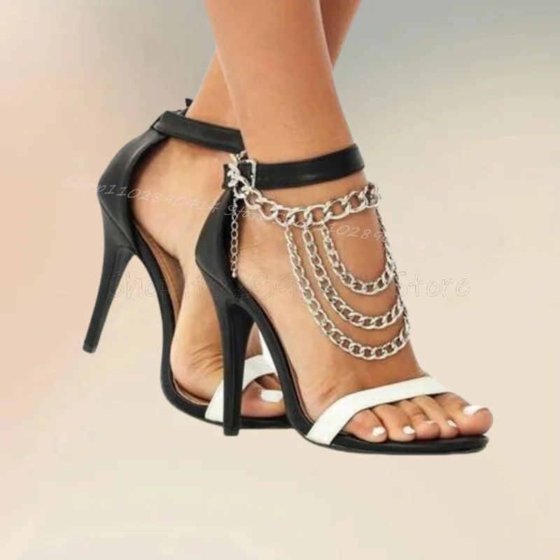 

Metal Chain Decor Black White Open Toe Sandals Ankle Buckle Strap Women Shoes Thin High Heels Party 2024 Zapatos Para Mujere