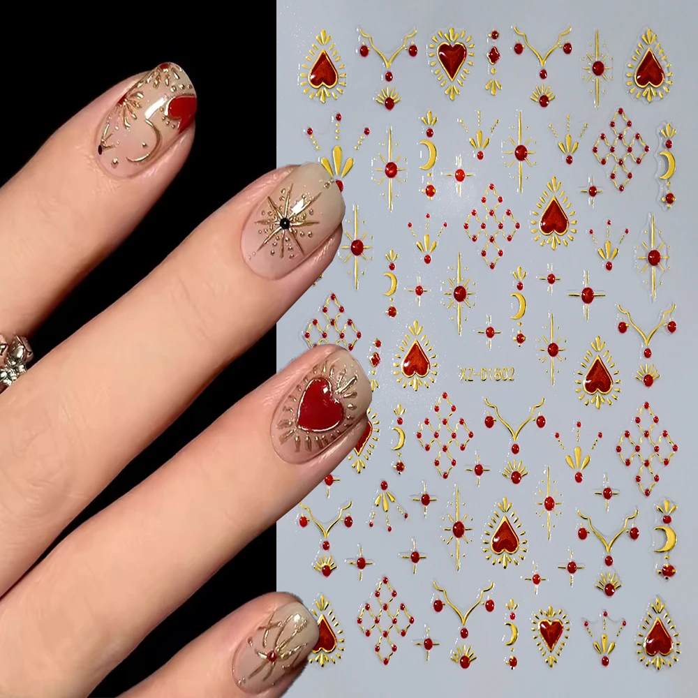 1pcs Gold Red Love Gemstone Nail Stickers Star Moon Geometric Hot Stamping Bohemian Self Adhesive Nail Sliders DIY Nail Decor