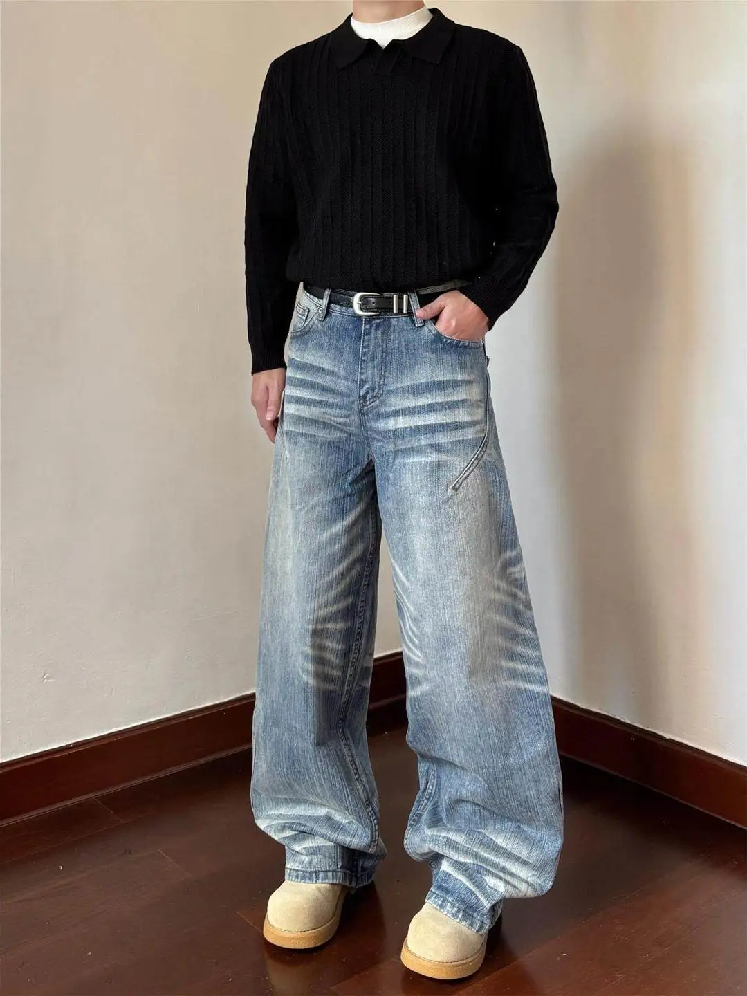 

Retro American Waed Jeans Men's Street Sle Cleanfit Straight Leg Versatile Wide Leg Pants Youth Trendy Casual Jeans