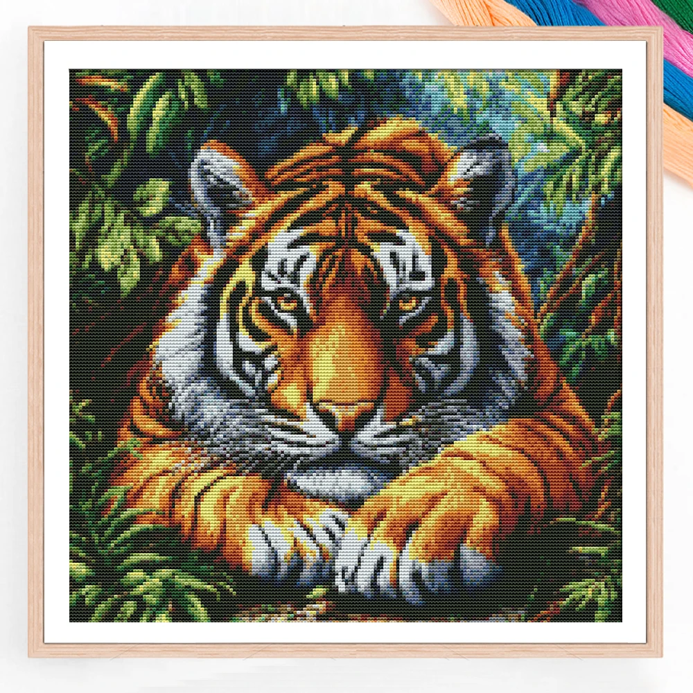 1 Stück DIY Kreuzstich-Set Tiger im Wald Rahmenloses Stickerei-Set Ideal für Wohnzimmer Künstlerisches Bastelzubehör