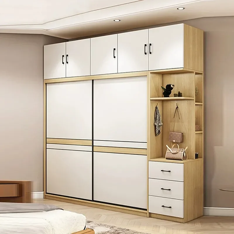 for Modern Simple Solid Wood Wardrobe with Sliding Door Large Bedroom Locker Multi-layer Board Log Color Household Storage