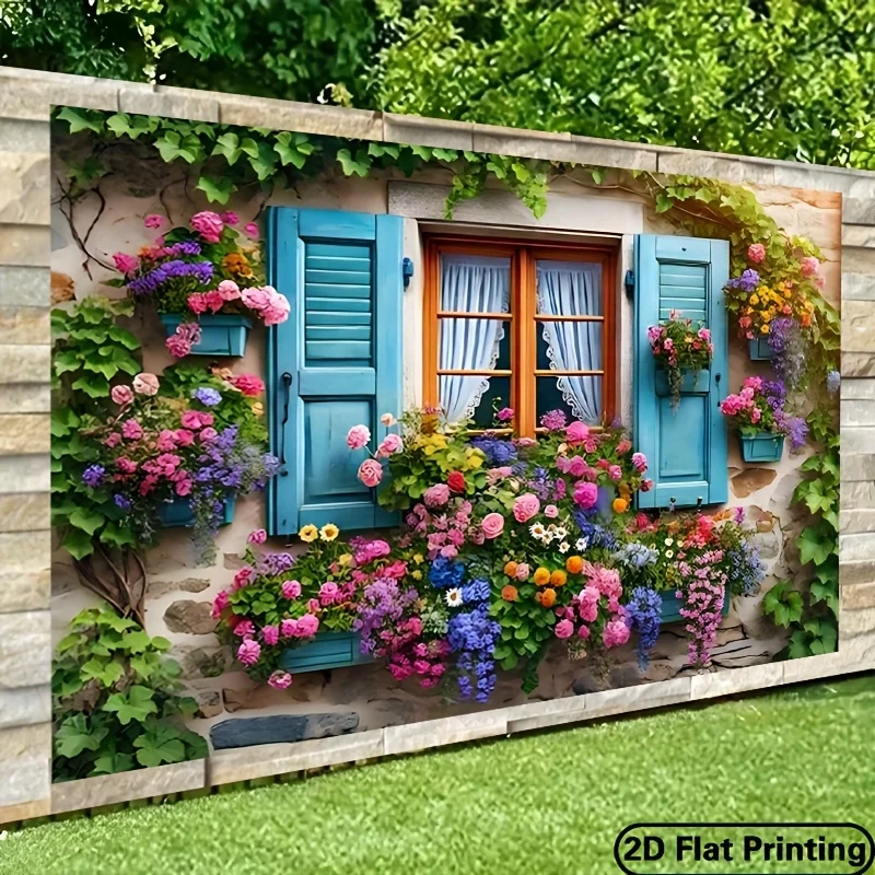 VIKAMA European Flower Window Tapestry Colorful Blooms Stone Wall Country Scenery Wall Hanging Boho Bedroom Home