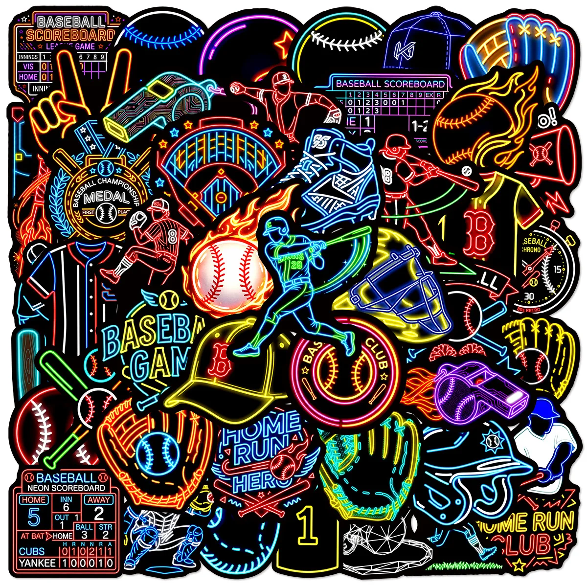 50Pcs Neon Light Baseball Sports Stickers Cartoon Graffiti Decals DIY Stationery Phone Luggage Laptop Cool Sticker Decor