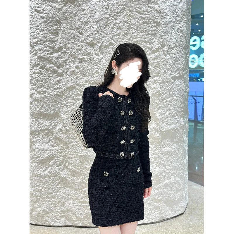 VGH Korean Two Piece Sets for Women Round Neck Long Sleeve Knitting Cardigan High Wiast Skirts Temperament Set Female Fashion