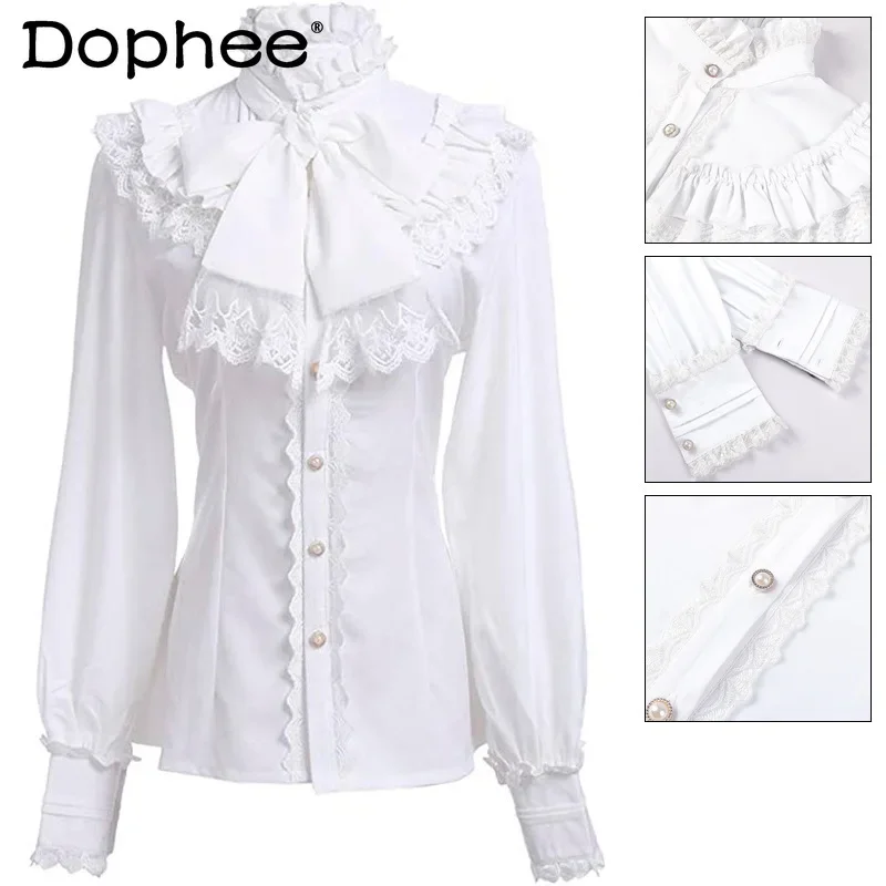 

Gothic Shirt Womens Tops 2024 New Retro Fashion Long-sleeved Lotus Pleated Top Lace Stitching White Shirt Spring Autumn