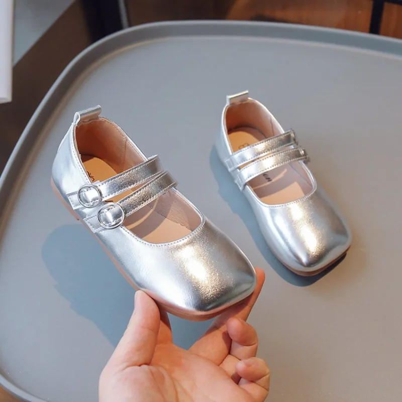 Little Girls Leather Shoes 2023 Summer Korean Style Fashion Kids Silver Performance Shoes Gold Soft Children Casual Shoes Simple