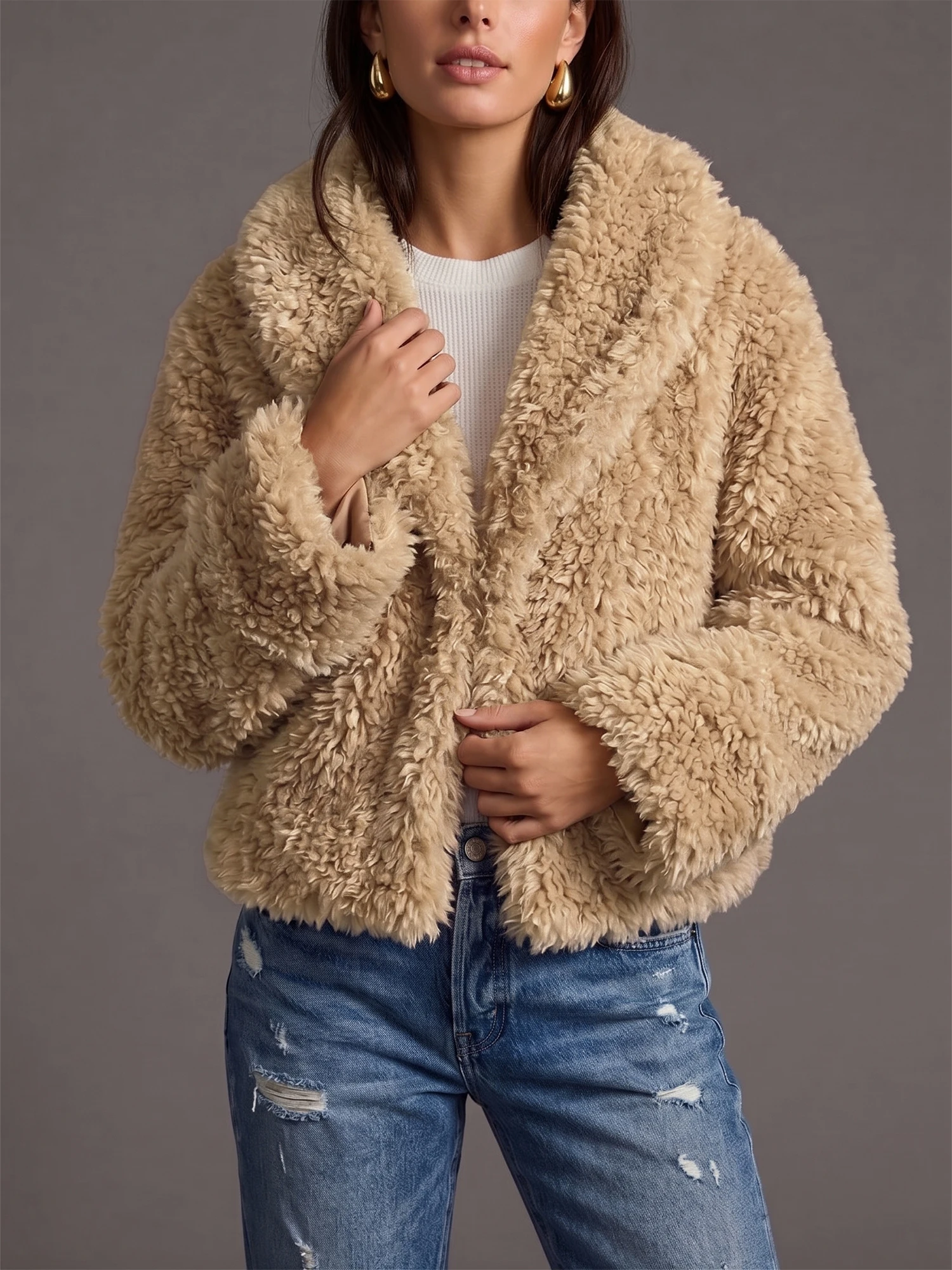 Women's Teddy Fleece Jacket, Faux Fur Fluffy Short Jacket, Wide Lapel, Warm Winter Coat