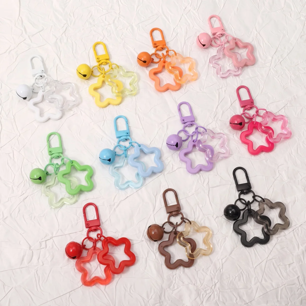 1pc/bag 6.5cm Alloy Keychain Colorful Hollow Out Double Pentagram Spring Ring With Bell Handmade DIY Making Keychain Materials