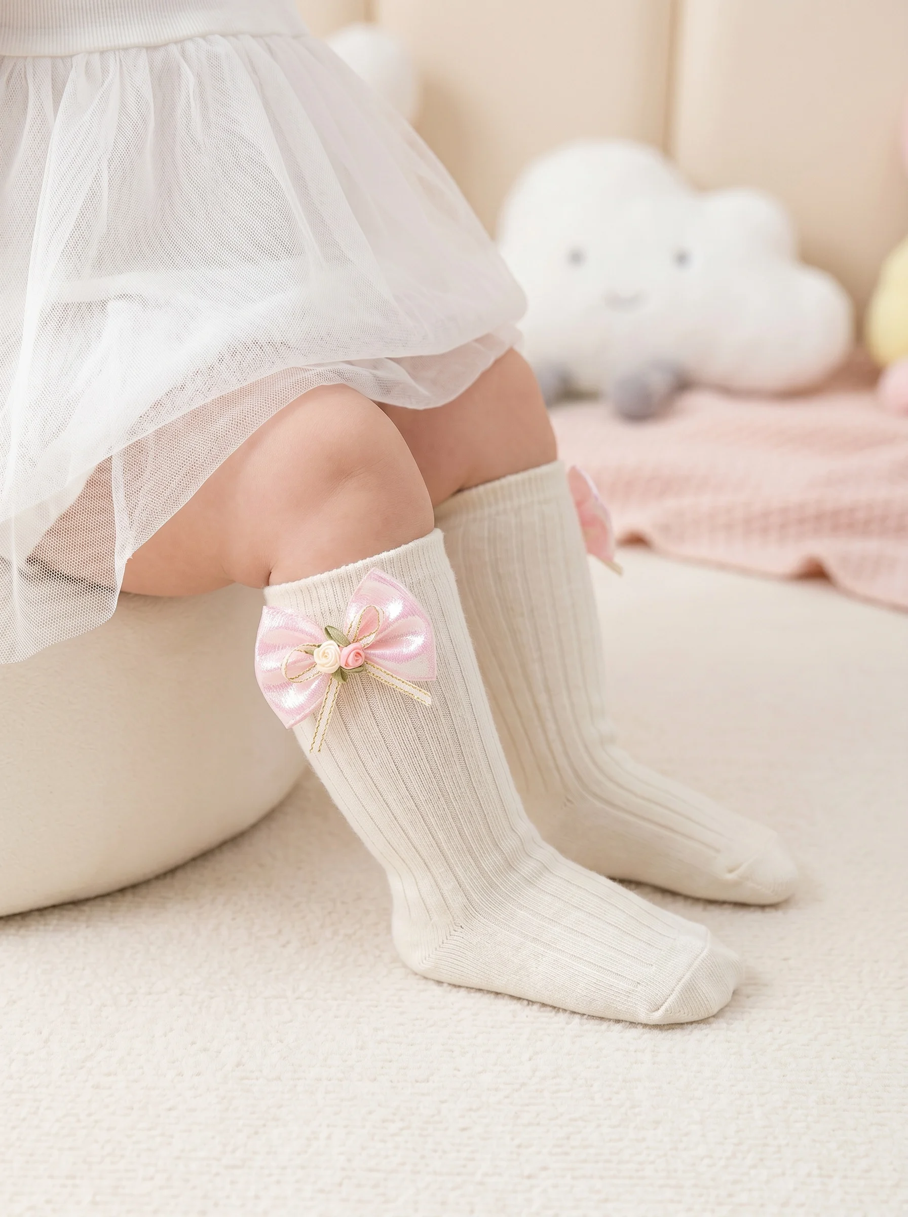 3Pairs 3‑24M Kids Bow Mid Calf Crew Socks Set, Unisex Boys Girls Multi‑Color Cotton Socks for All‑Season Daily Wear
