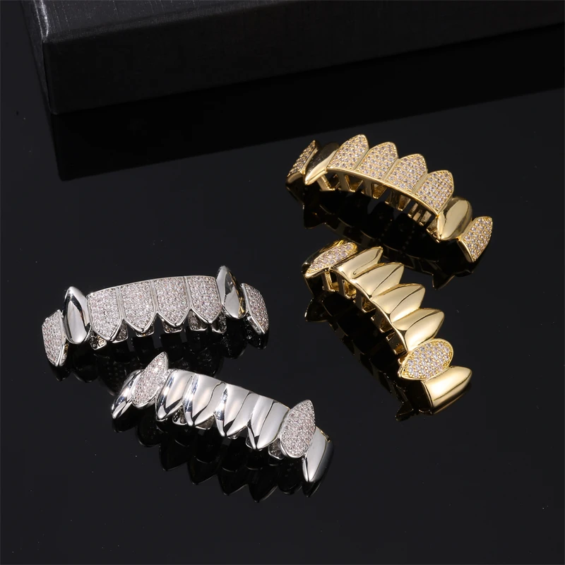 D&Z Hip Pop Bling Cubic Zircon Vampire Teeth Grillz Set For Men Women Gold Silver Color Removable Dental Fashion Jewelry