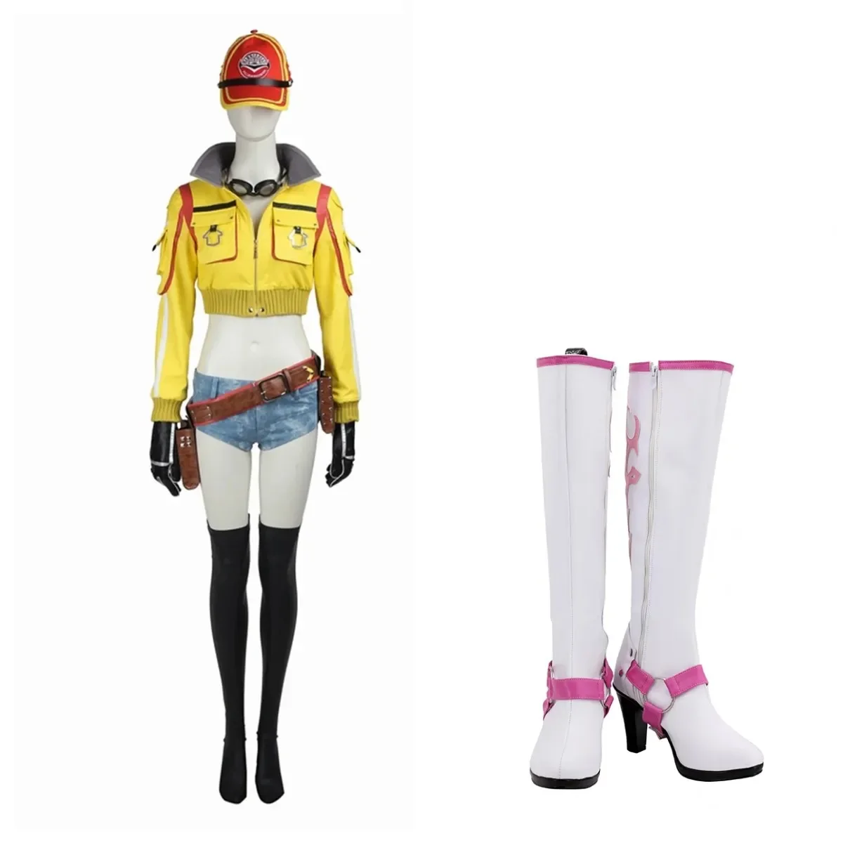 Cindy Aurum Cosplay Costume FF15 Cindy Costumes Yellow Coat Hat Shorts Belt Shorts Boots Full Set and Individual Items Are Sold