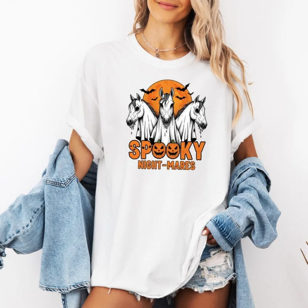 Spooky Night-Mares Halloween Horse Shirt Funny Ghost Horse Tees Cowboy Western Horror Sweatshirt Creepy Fall Riding Gift Hoodie