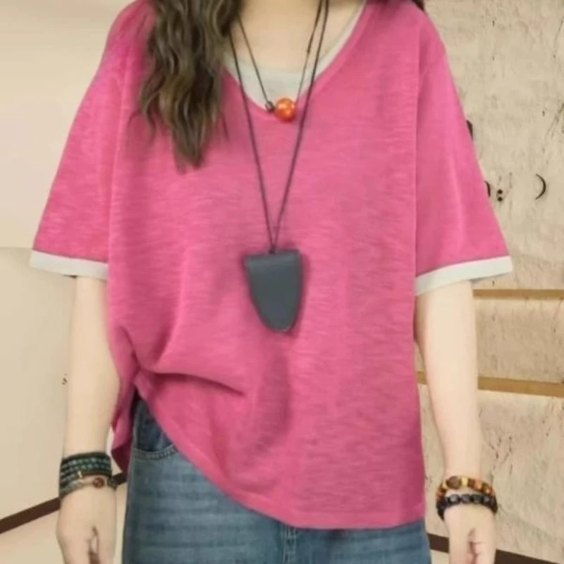 الخامس الرقبة التباين المرقعة حجم كبير بلايز عادية كم قصير وهمية قطعتين خمر تي شيرت الصيف موضة الاتجاه ملابس حريمي