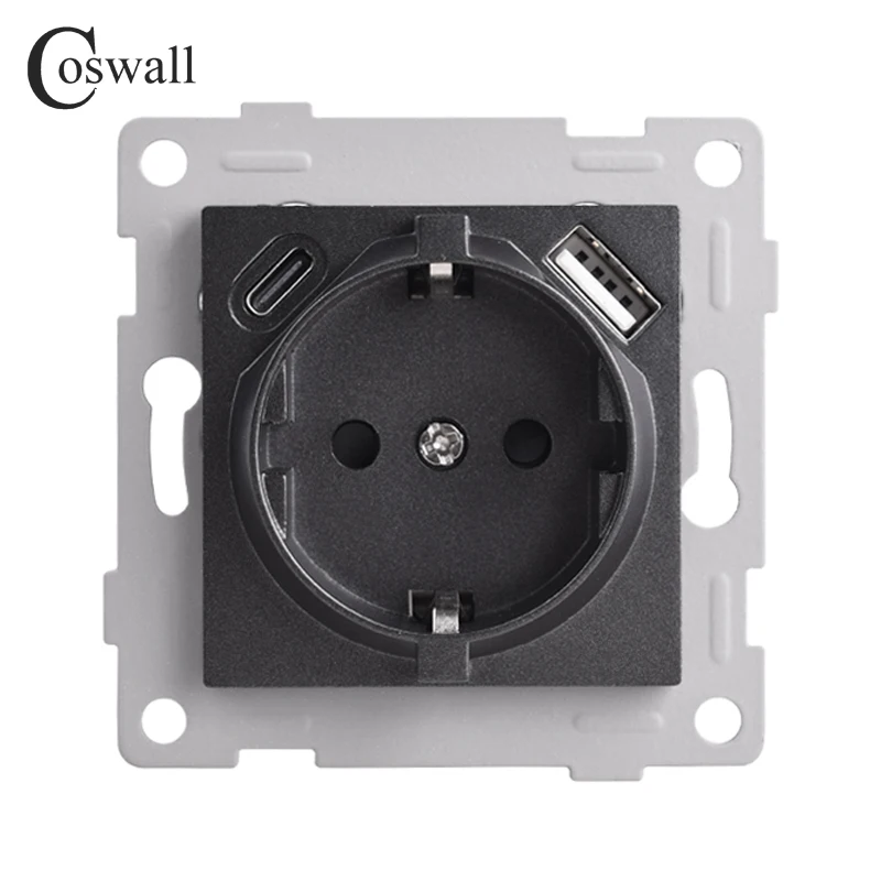 COSWALL H Series White / Black Wall EU Standard Schuko Socket Dual USB Type-C Charging Module DIY