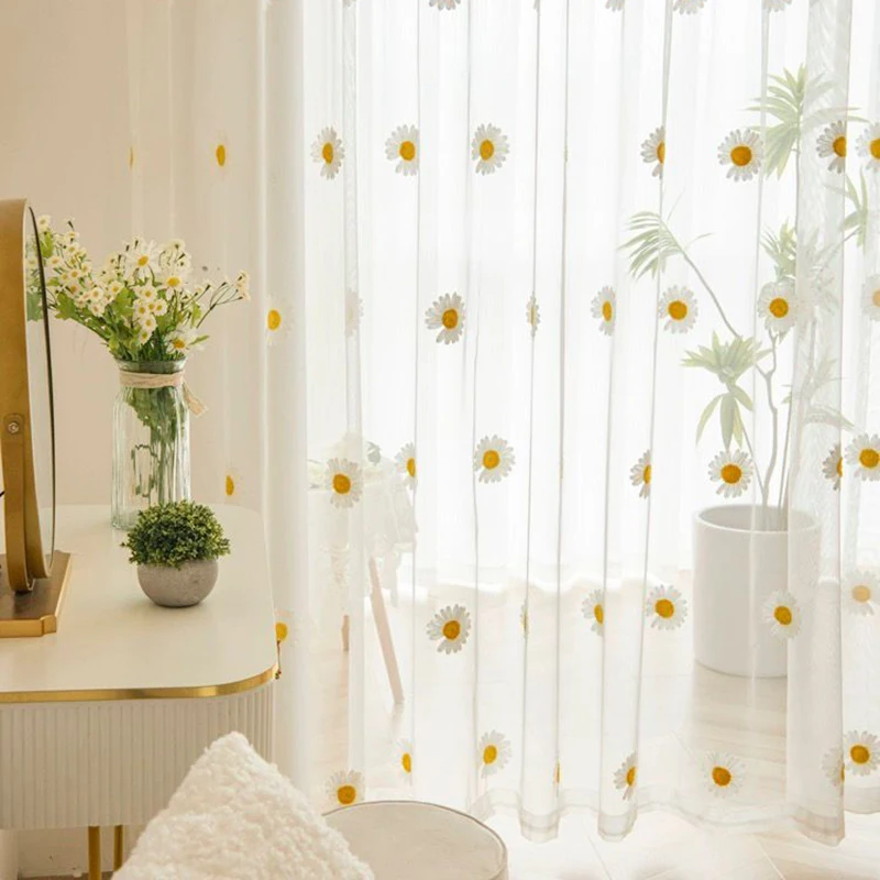 1PC Yellow Daisy Embroidery Window Tulle Curtains For Living Room Kids Bedroom Cute Floral Sheer Voile Window Drapes For Kitchen