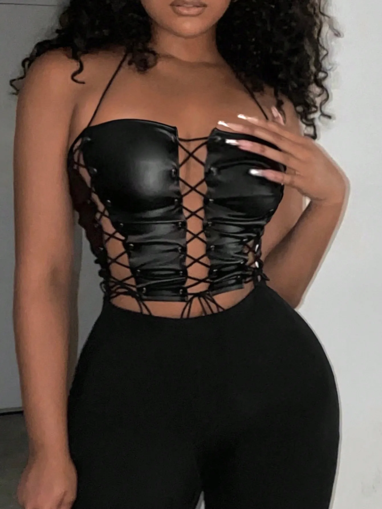

Black PU Front Lace-Up Halter Corset Top for Night Out, Sexy & Edgy Style