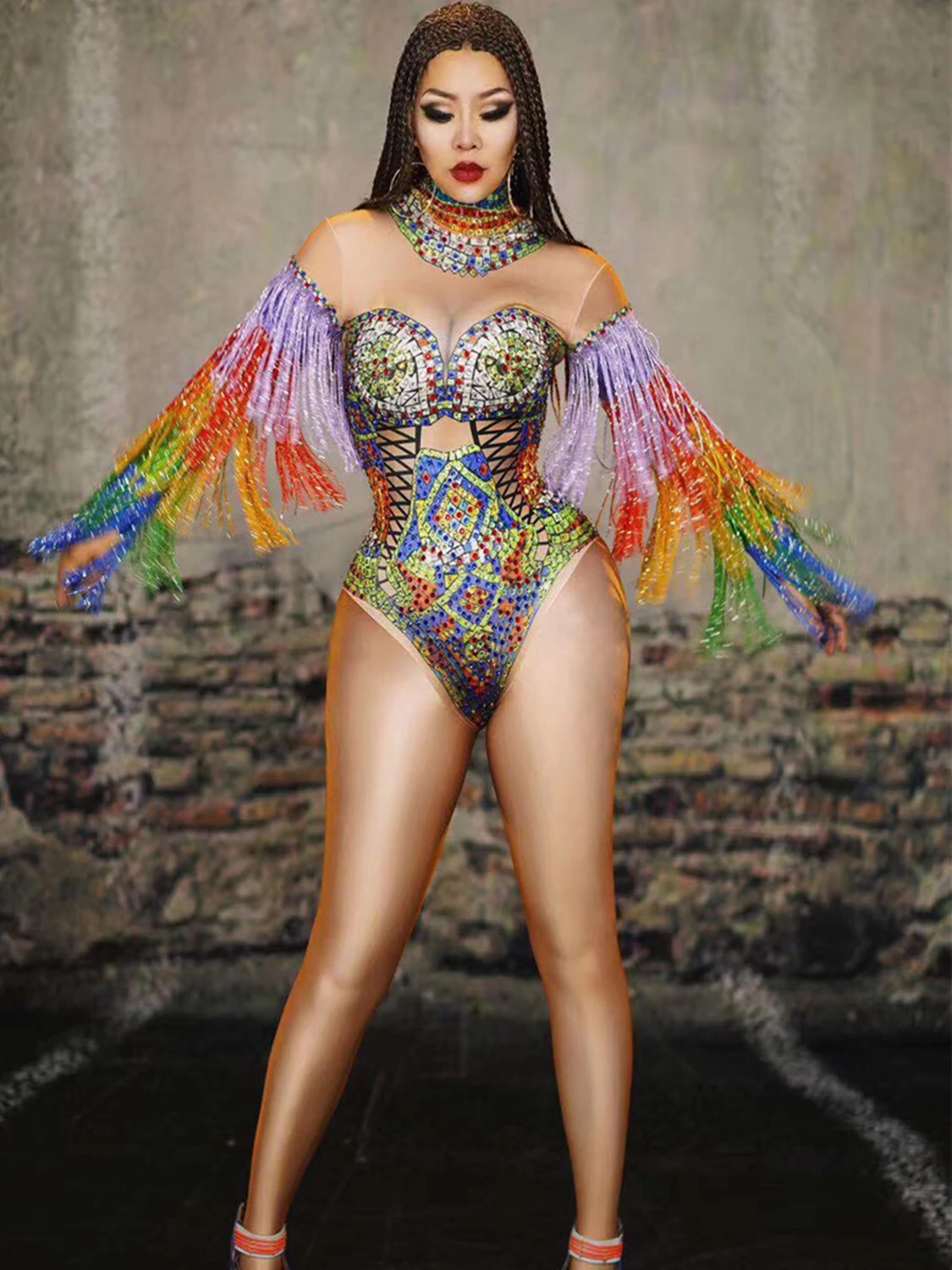 

Multicolored Sexy Colorful Shining Rhinestones Tassel Women Long Sleeve Bodysuits Party Nightclub Rave Wear Drag Queen Outfit