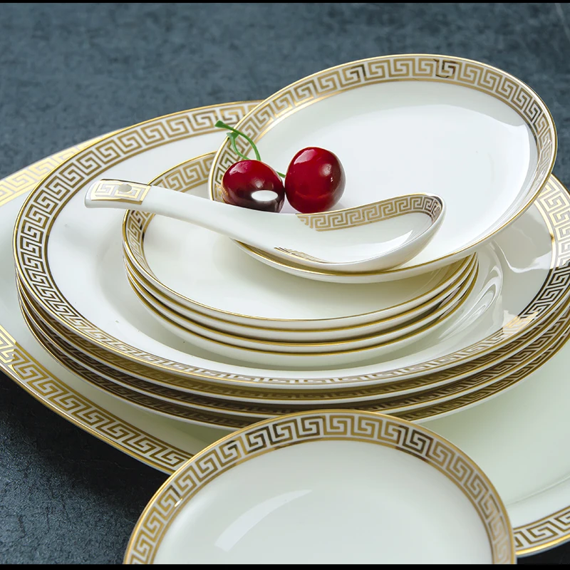 58pcs Dinnerware Set Dish Set China Ceramic High-grade Bone China Dinnerware Set European Gold Phnom Penh Bowl Plate