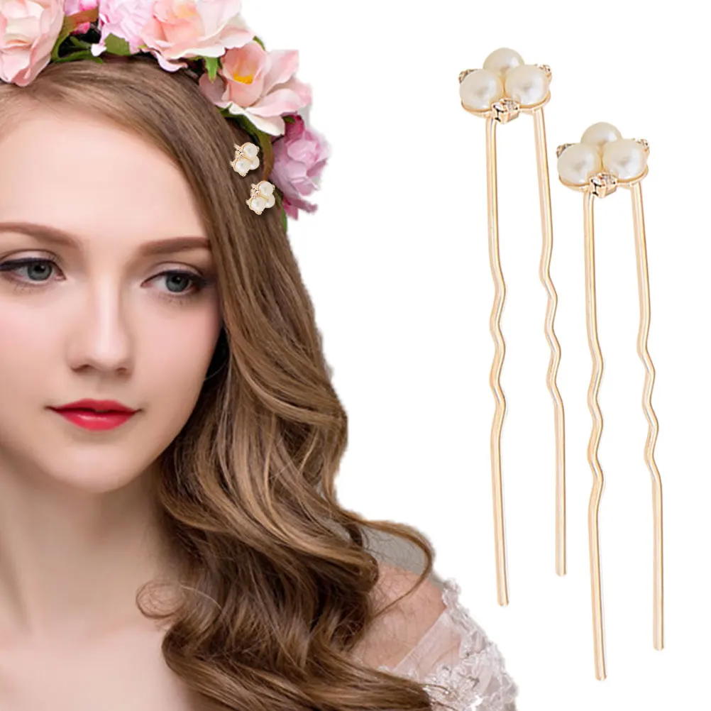 

Pearl Hair Accessories Rhinestone Hairpin Wedding Bow Bun Pins Bridal Headpieces for Rose Gold Bride Women