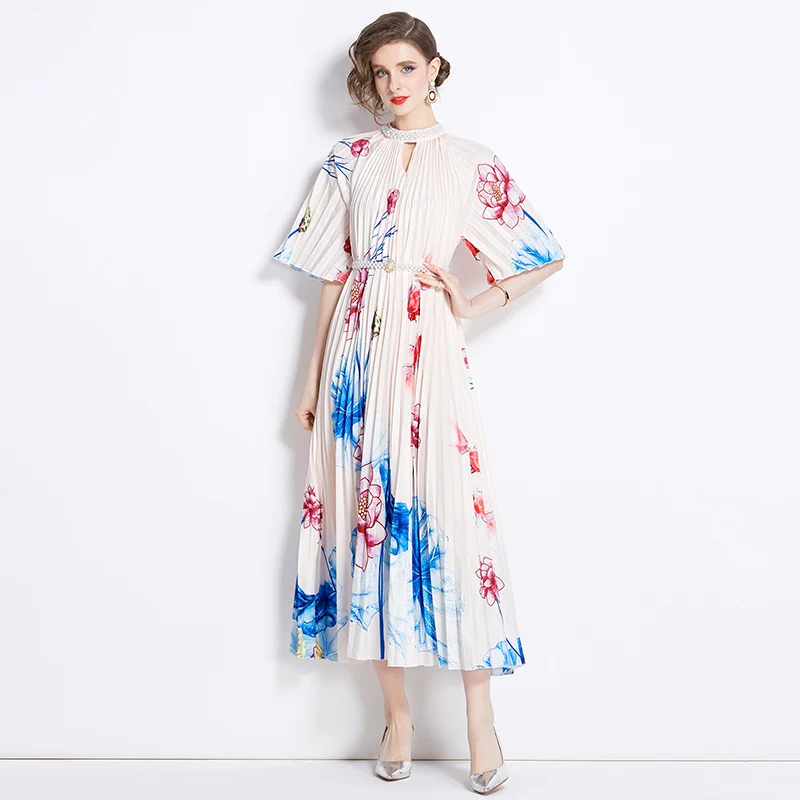 2024 Summer New Flower Print Pleated Temperament Dress Women's Half Open Collar Flare Sleeves Fashion Hundred Pleated Long Skirt