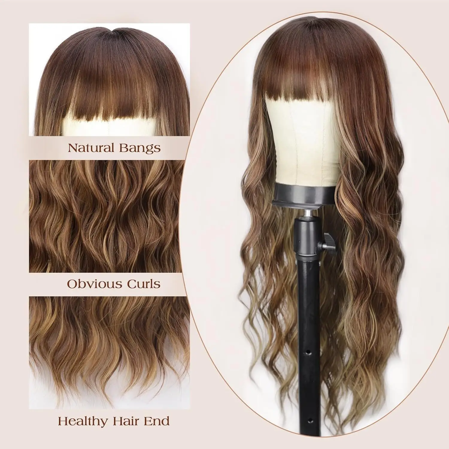 Ombre marrom peruca longa ondulada sintética com franja fofa para mulheres cabelo natural marrom loiro destaque perucas para uso diário cosplay