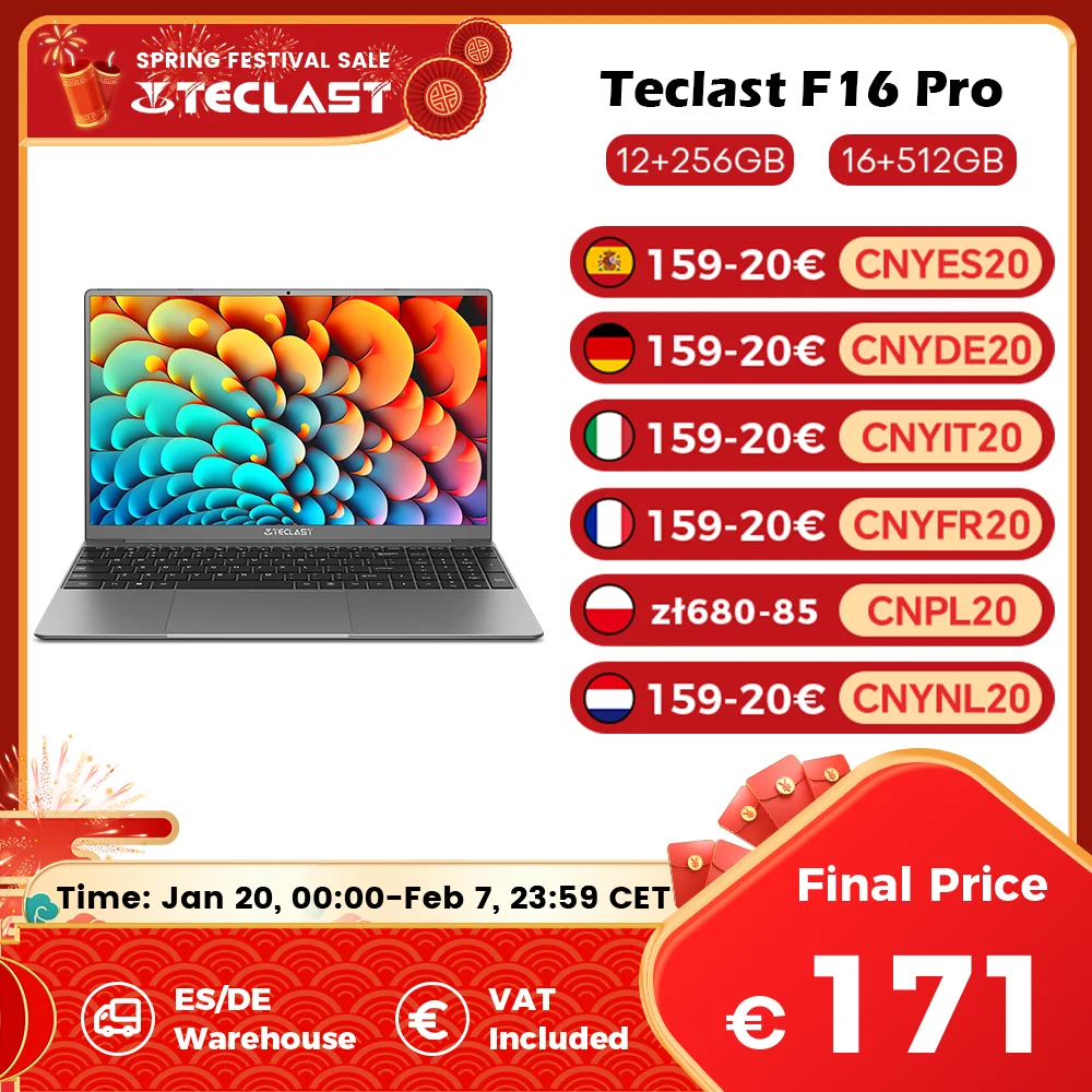 TECLAST F16Pro Laptop 15.6 inch, 16GB RAM 512GB SSD Computers, for Intel N95 CPU, IPS FHD 1080P Screen, WiFi 6, BT 5.0, USB3.2, Backlit Keyboard, 38000mWh