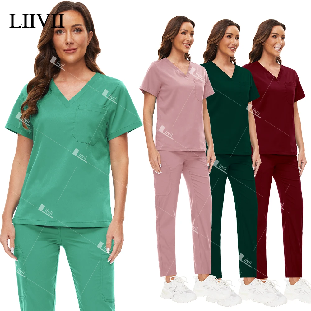 

New Elasticity Nurse Uniforms Pocket Top Straight Pants Woman Man Scrub Set Dental Vet Hospital Pet Clinic Medical Uniform Suits